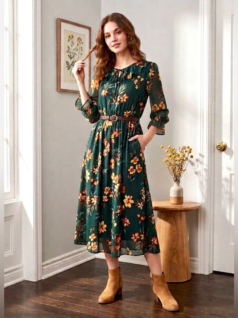 Calvin Klein Frilled Collar Chiffon Floral Fit-&-Flare Dress - Size 8